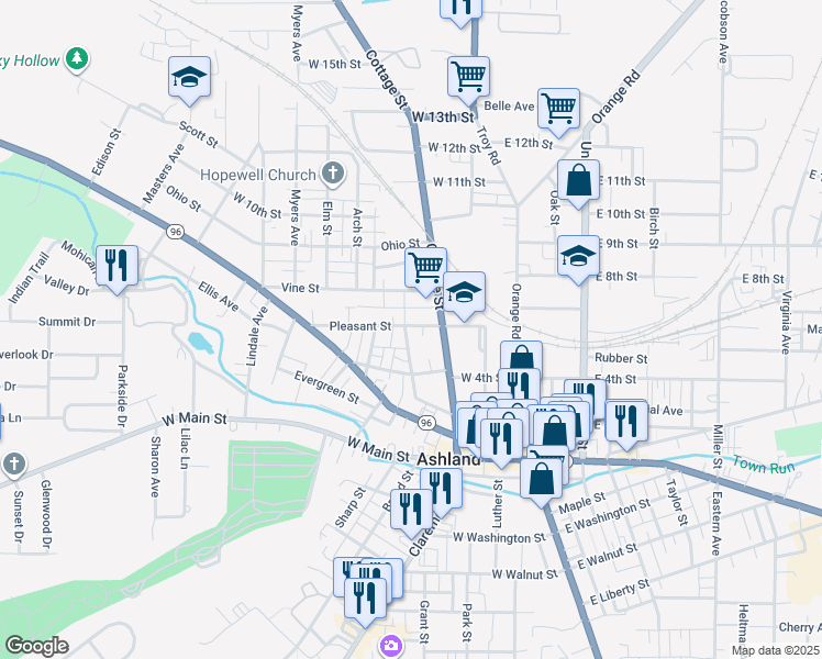 map of restaurants, bars, coffee shops, grocery stores, and more near 504 Carroll Street in Ashland