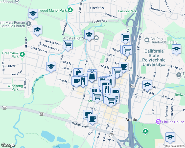 map of restaurants, bars, coffee shops, grocery stores, and more near 1236 L Street in Arcata