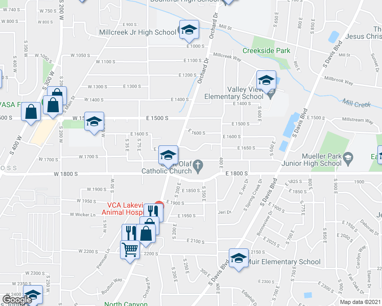 map of restaurants, bars, coffee shops, grocery stores, and more near 288 East 1650 South in Bountiful