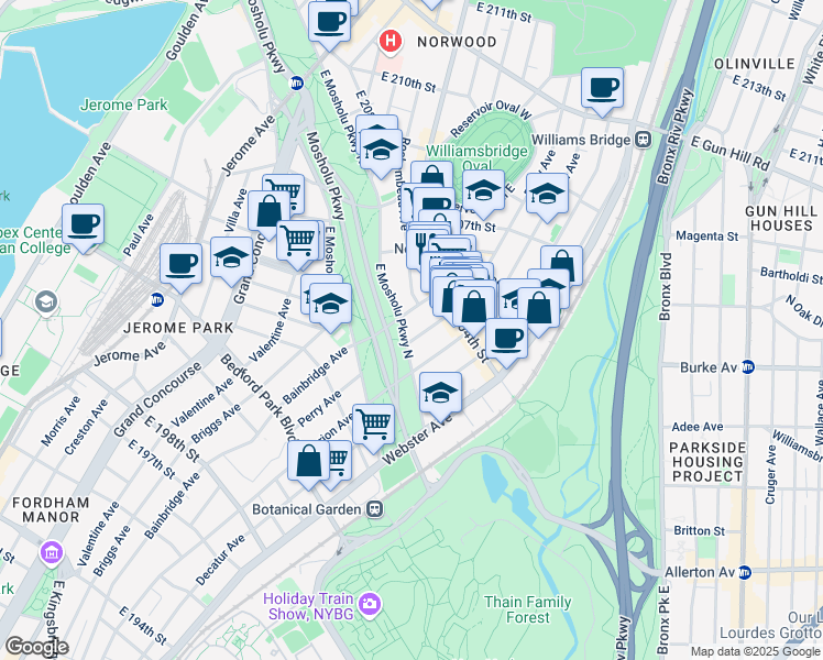 map of restaurants, bars, coffee shops, grocery stores, and more near in The Bronx