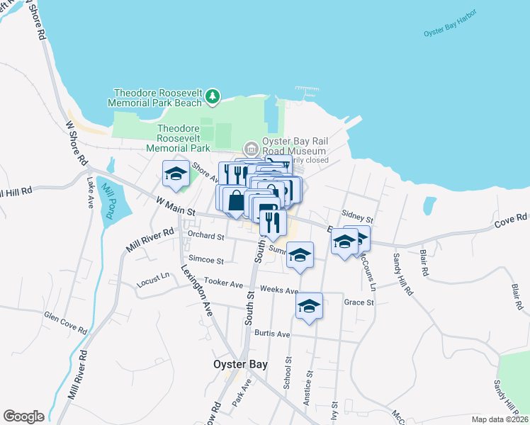 map of restaurants, bars, coffee shops, grocery stores, and more near 17 West Main Street in Oyster Bay
