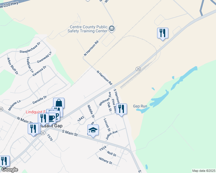 map of restaurants, bars, coffee shops, grocery stores, and more near 315 East College Avenue in Pleasant Gap