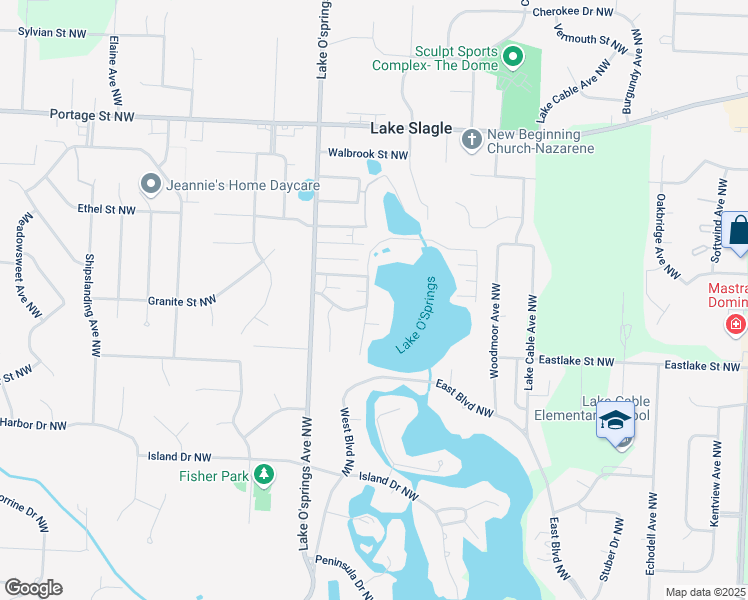map of restaurants, bars, coffee shops, grocery stores, and more near 5912 Springlake Road Northwest in Canton