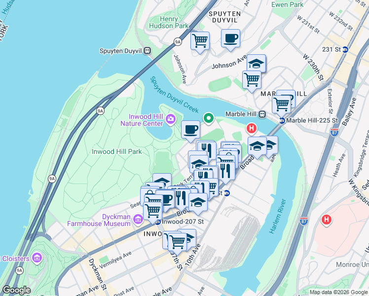 map of restaurants, bars, coffee shops, grocery stores, and more near 244 Seaman Avenue in New York