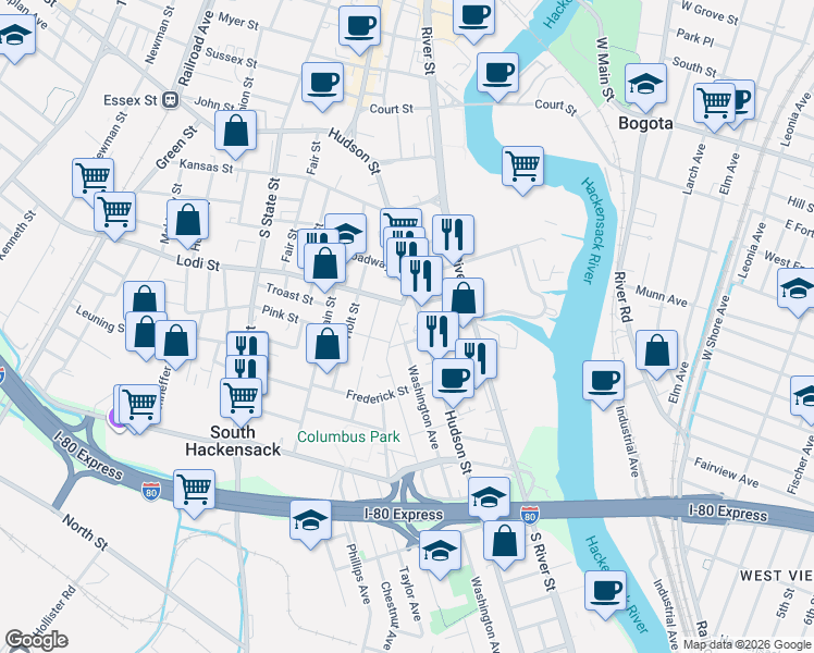 map of restaurants, bars, coffee shops, grocery stores, and more near 52 Jackson Avenue in Hackensack