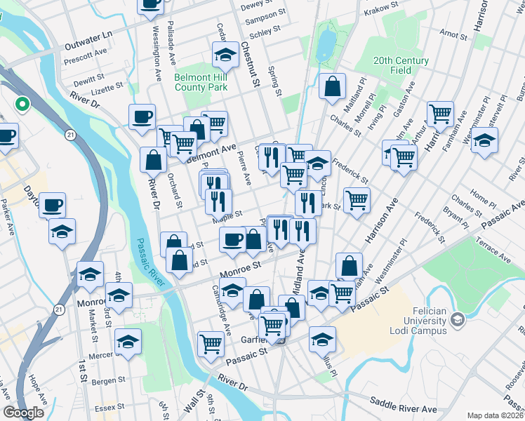 map of restaurants, bars, coffee shops, grocery stores, and more near 120 Pierre Avenue in Garfield