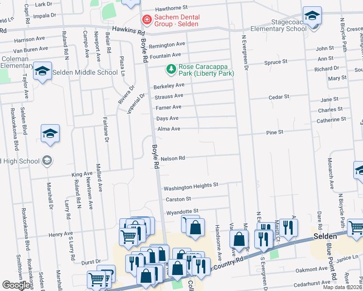 map of restaurants, bars, coffee shops, grocery stores, and more near 59 Nelson Road in Selden