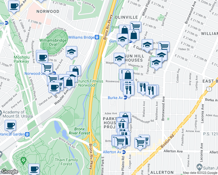 map of restaurants, bars, coffee shops, grocery stores, and more near 3218 Barker Avenue in Bronx