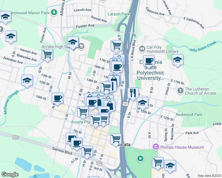 map of restaurants, bars, coffee shops, grocery stores, and more near 620 13th Street in Arcata