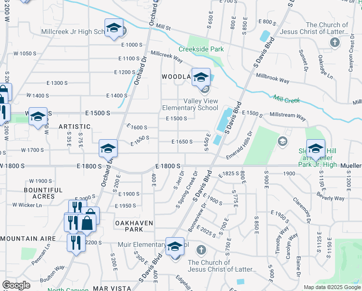 map of restaurants, bars, coffee shops, grocery stores, and more near 1653 South 500 East in Bountiful
