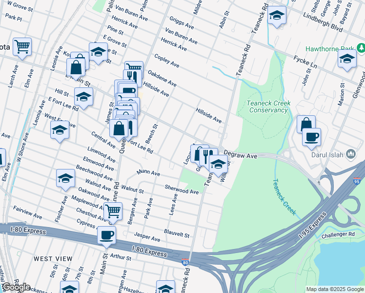 map of restaurants, bars, coffee shops, grocery stores, and more near 294 Locust Street in Teaneck