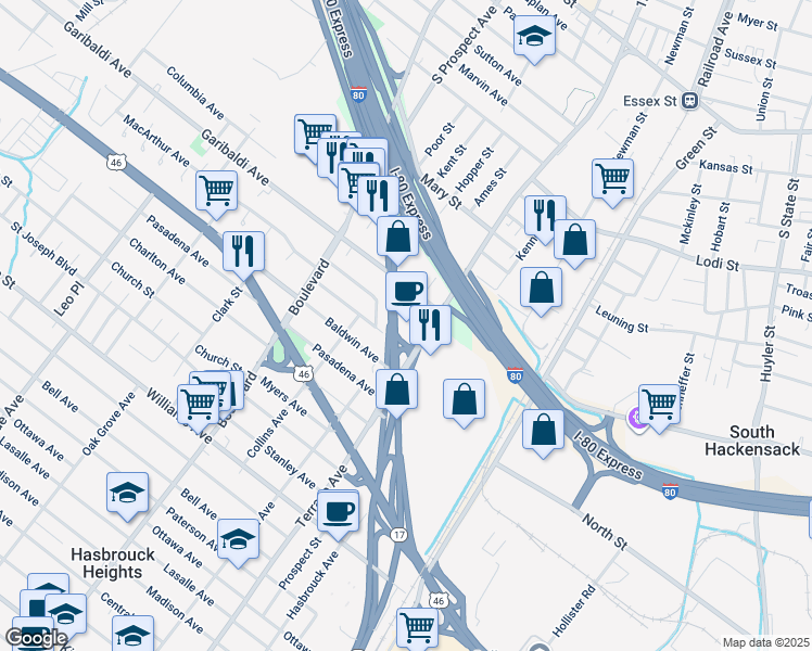 map of restaurants, bars, coffee shops, grocery stores, and more near 559 Terrace Avenue in Hasbrouck Heights