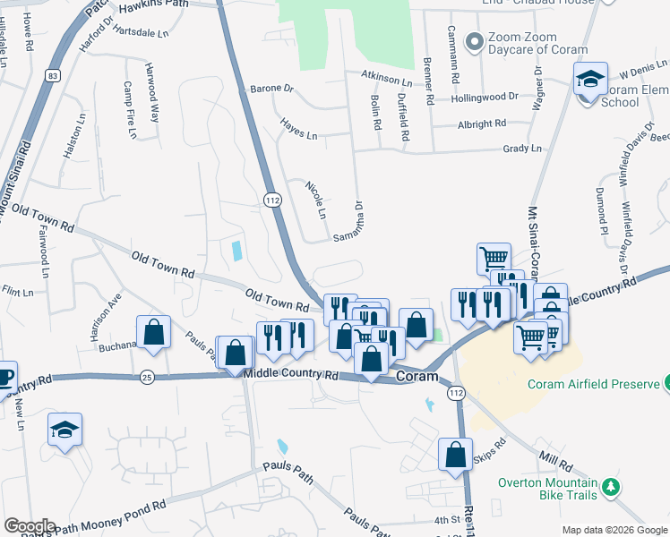 map of restaurants, bars, coffee shops, grocery stores, and more near 34 Steven Place in Coram