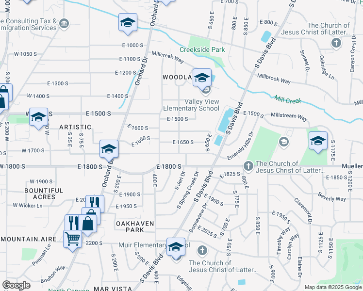 map of restaurants, bars, coffee shops, grocery stores, and more near 1653 South 500 East in Bountiful