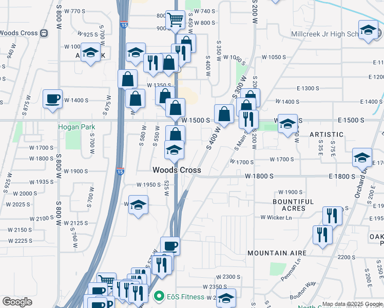 map of restaurants, bars, coffee shops, grocery stores, and more near 1805 South 440 West in Woods Cross