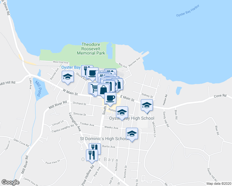 map of restaurants, bars, coffee shops, grocery stores, and more near in Oyster Bay