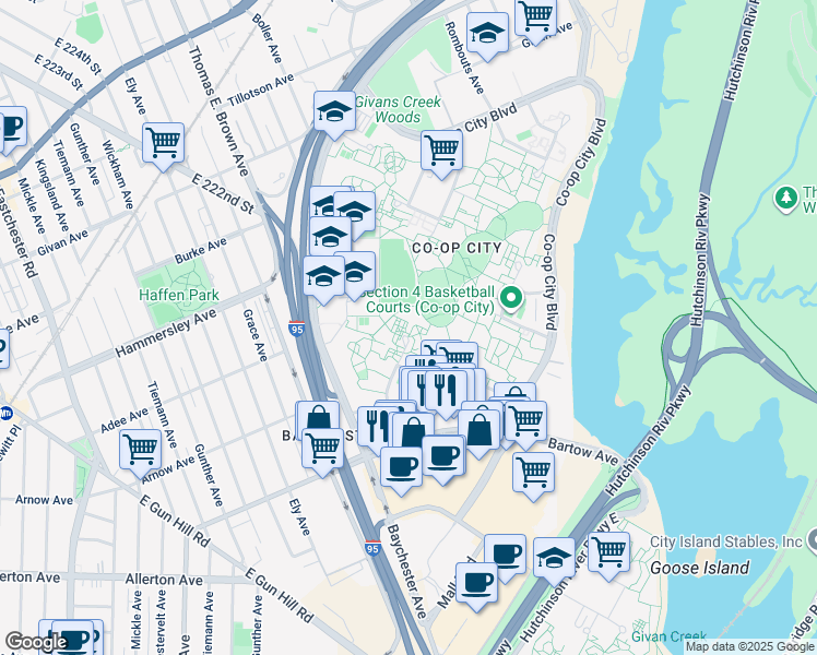 map of restaurants, bars, coffee shops, grocery stores, and more near 100-14098 Alcott Place in Bronx