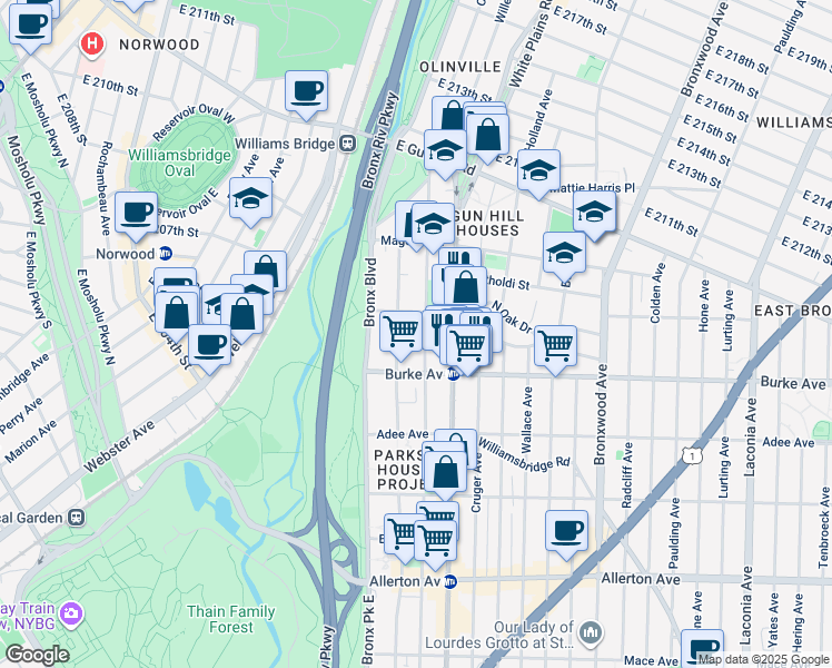 map of restaurants, bars, coffee shops, grocery stores, and more near 3218 Barker Avenue in Bronx