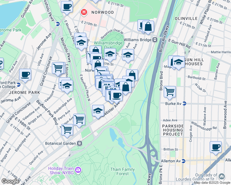 map of restaurants, bars, coffee shops, grocery stores, and more near 3135 Webster Avenue in The Bronx
