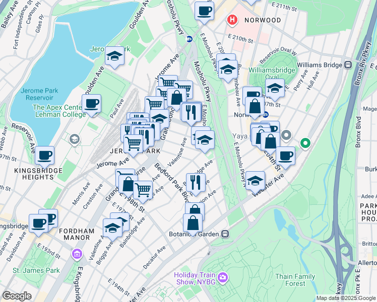 map of restaurants, bars, coffee shops, grocery stores, and more near 240 East 201st Street in Bronx