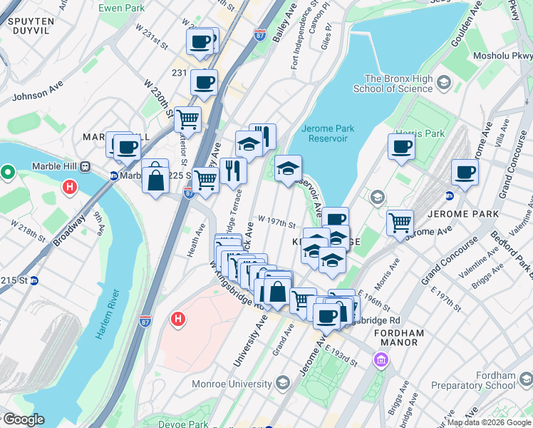 map of restaurants, bars, coffee shops, grocery stores, and more near 2807 Claflin Avenue in Bronx
