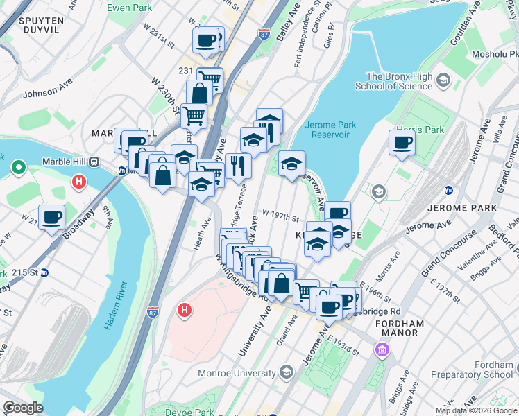 map of restaurants, bars, coffee shops, grocery stores, and more near 2796 Sedgwick Avenue in Bronx