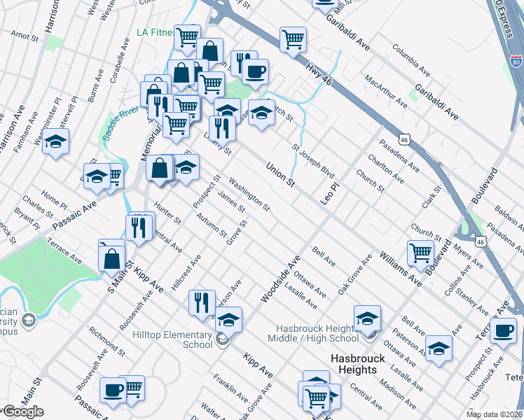 map of restaurants, bars, coffee shops, grocery stores, and more near 135 Paterson Avenue in Lodi