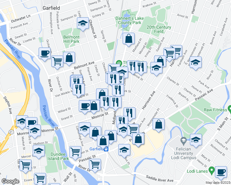 map of restaurants, bars, coffee shops, grocery stores, and more near 229 Midland Avenue in Garfield