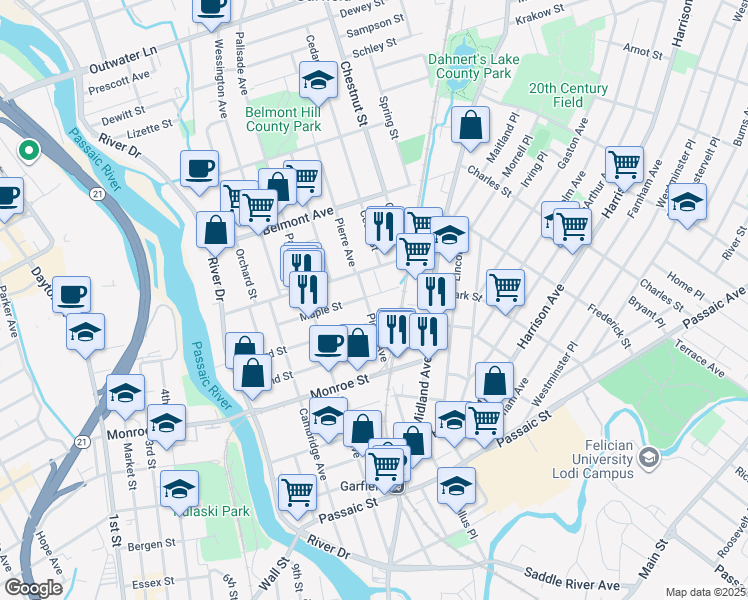 map of restaurants, bars, coffee shops, grocery stores, and more near 100 Pierre Avenue in Garfield