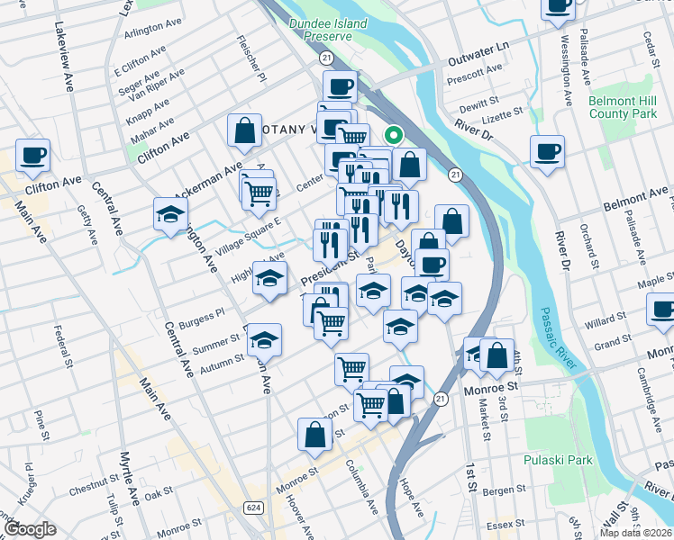 map of restaurants, bars, coffee shops, grocery stores, and more near 43 Van Winkle Avenue in Passaic