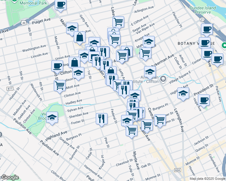 map of restaurants, bars, coffee shops, grocery stores, and more near 45 Hadley Avenue in Clifton