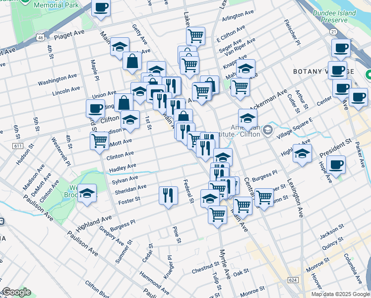 map of restaurants, bars, coffee shops, grocery stores, and more near 45 Hadley Avenue in Clifton