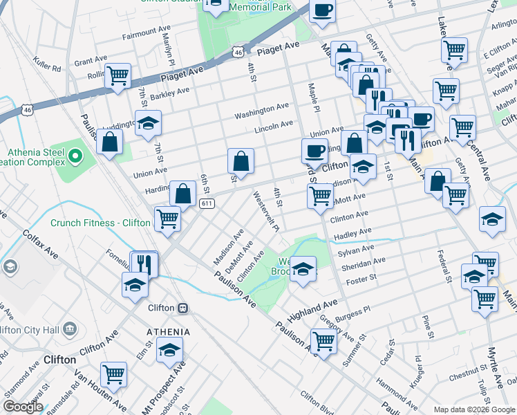 map of restaurants, bars, coffee shops, grocery stores, and more near 221 DeMott Avenue in Clifton