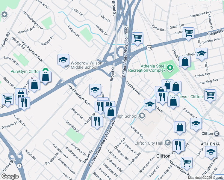 map of restaurants, bars, coffee shops, grocery stores, and more near 704 Broad Street in Clifton