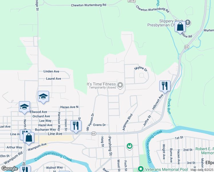 map of restaurants, bars, coffee shops, grocery stores, and more near 801 Pershing Street in Ellwood City