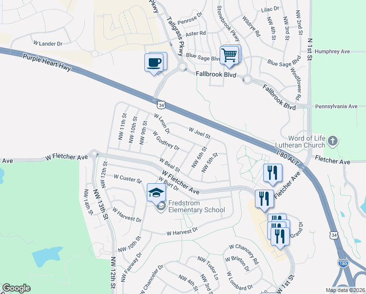 map of restaurants, bars, coffee shops, grocery stores, and more near 6124 Northwest Gary Street in Lincoln