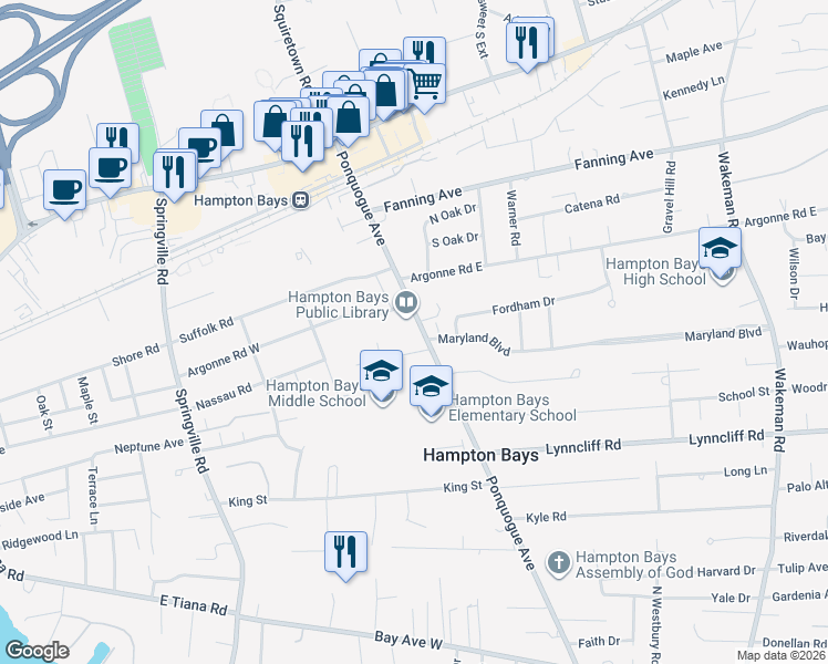 map of restaurants, bars, coffee shops, grocery stores, and more near 64 Ponquogue Avenue in Hampton Bays