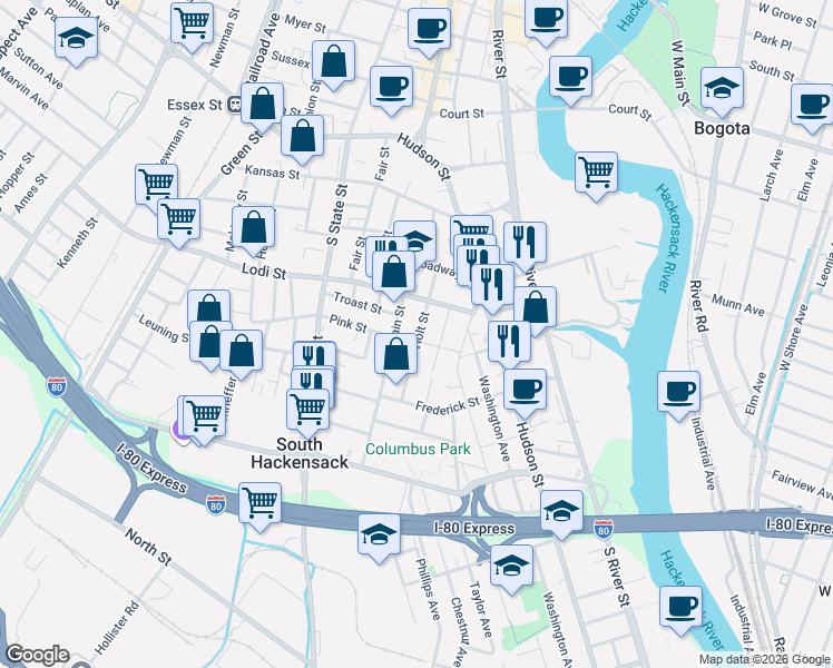 map of restaurants, bars, coffee shops, grocery stores, and more near 167 Bonhomme Street in Hackensack