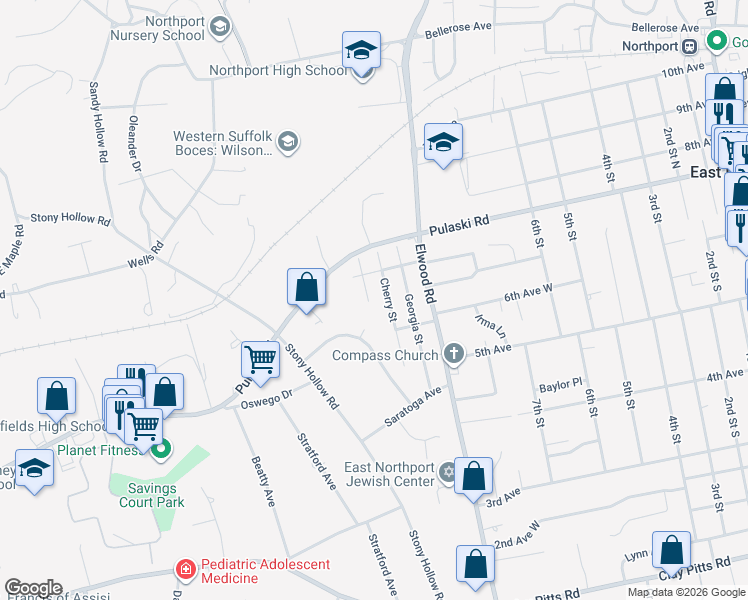 map of restaurants, bars, coffee shops, grocery stores, and more near 2 Patrician Court in East Northport