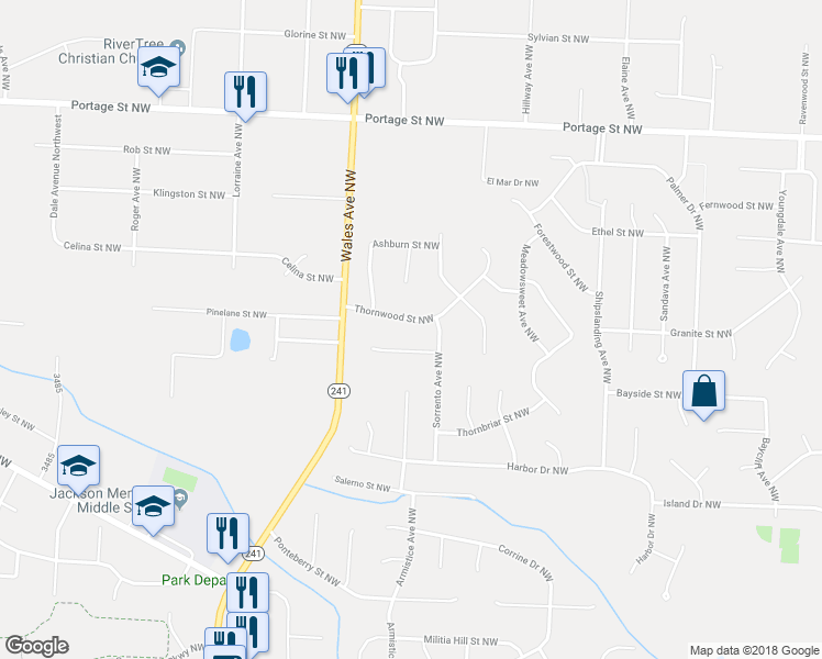 map of restaurants, bars, coffee shops, grocery stores, and more near 6856 Thornwood Street Northwest in Canton