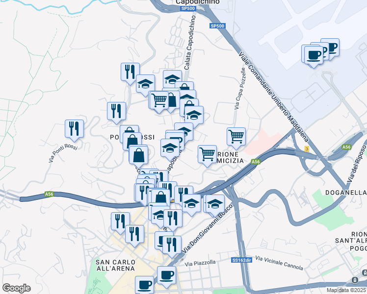 map of restaurants, bars, coffee shops, grocery stores, and more near Via Salve d'Esposito in Naples