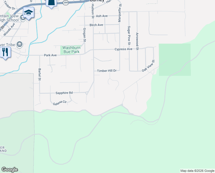map of restaurants, bars, coffee shops, grocery stores, and more near 20127 Hudson Street in Burney