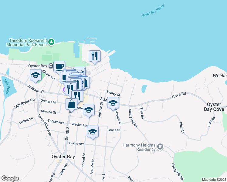 map of restaurants, bars, coffee shops, grocery stores, and more near 156 Sidney Street in Oyster Bay