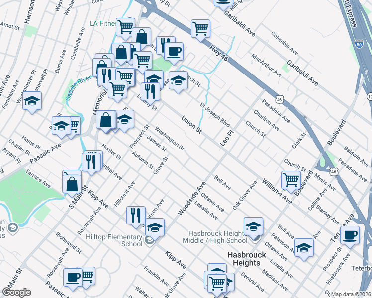 map of restaurants, bars, coffee shops, grocery stores, and more near 135 Paterson Avenue in Lodi