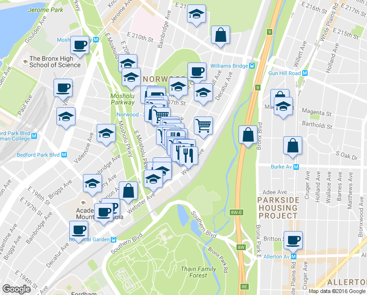 map of restaurants, bars, coffee shops, grocery stores, and more near 3143 Decatur Avenue in Bronx