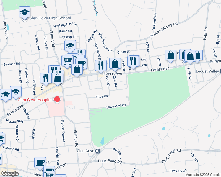map of restaurants, bars, coffee shops, grocery stores, and more near 40 Titus Road in Glen Cove