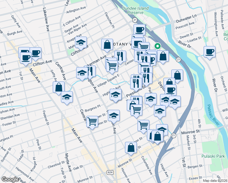 map of restaurants, bars, coffee shops, grocery stores, and more near 198 President Street in Passaic