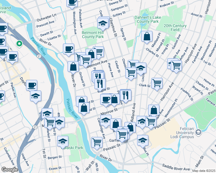 map of restaurants, bars, coffee shops, grocery stores, and more near 107 Willard Street in Garfield