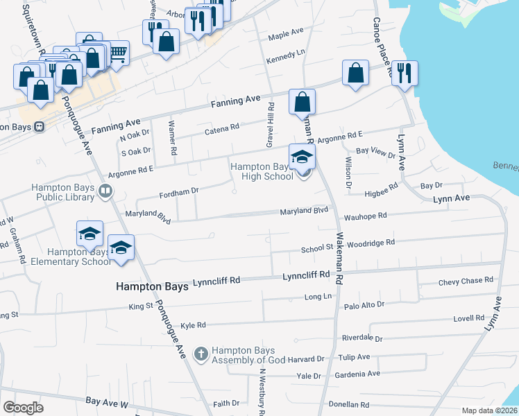 map of restaurants, bars, coffee shops, grocery stores, and more near 54 Maryland Boulevard in Hampton Bays