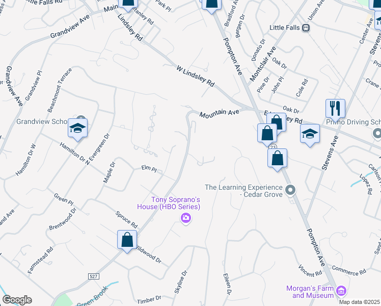 map of restaurants, bars, coffee shops, grocery stores, and more near 5 Falcon Point Drive in North Caldwell